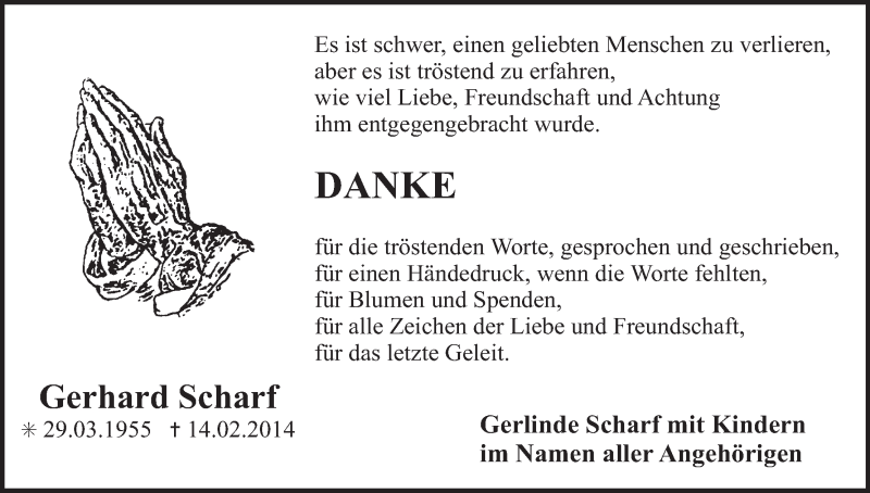  Traueranzeige für Gerhard Scharf vom 01.03.2014 aus MGO
