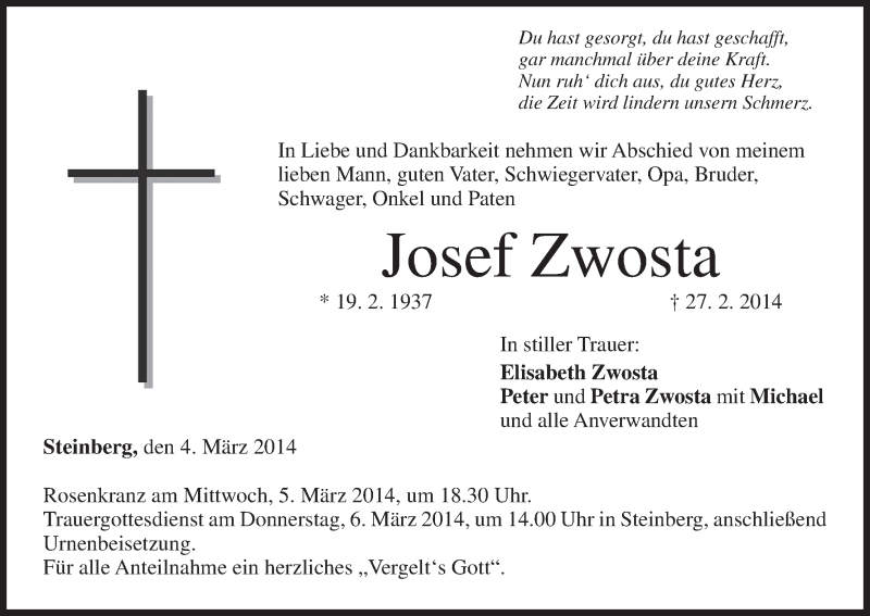  Traueranzeige für Josef Zwosta vom 04.03.2014 aus MGO