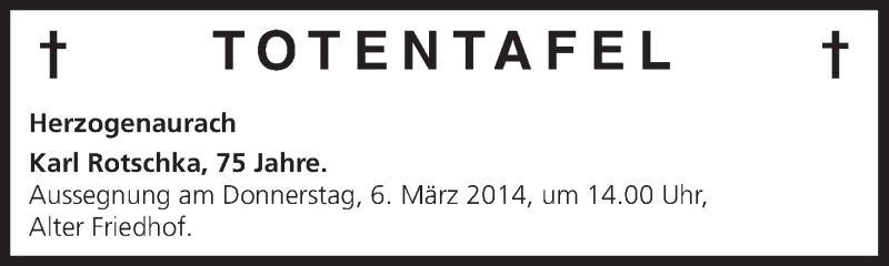  Traueranzeige für Totentafel  vom 04.03.2014 aus MGO