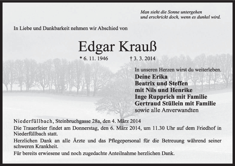  Traueranzeige für Edgar Krauß vom 04.03.2014 aus MGO