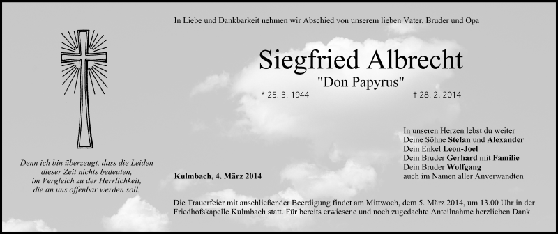  Traueranzeige für Siegfried Albrecht vom 04.03.2014 aus MGO
