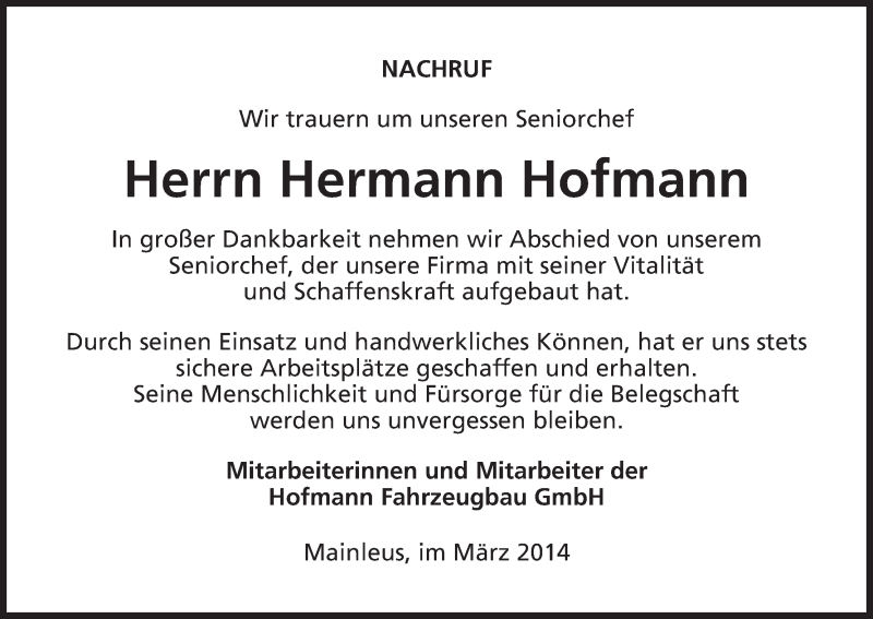  Traueranzeige für Hermann Hofmann vom 04.03.2014 aus MGO