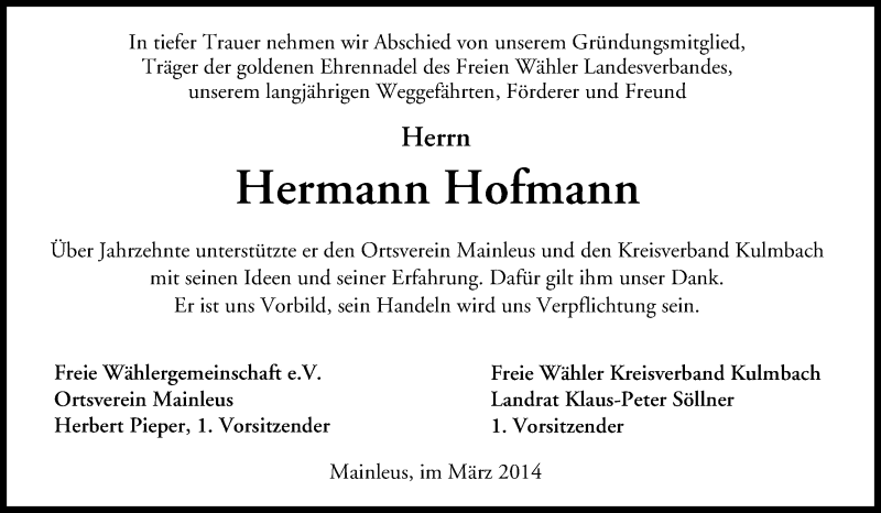  Traueranzeige für Hermann Hofmann vom 05.03.2014 aus MGO