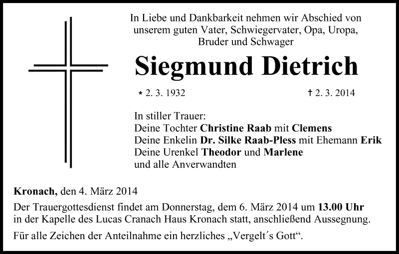 Traueranzeige für Siegmund Dietrich vom 04.03.2014 aus MGO