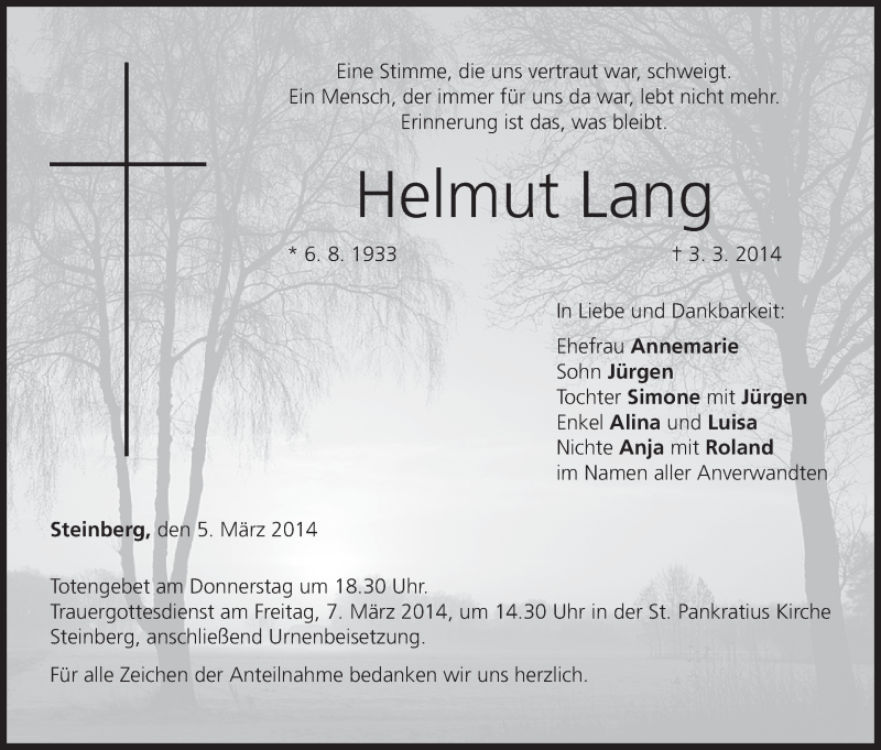  Traueranzeige für Helmut Lang vom 05.03.2014 aus MGO