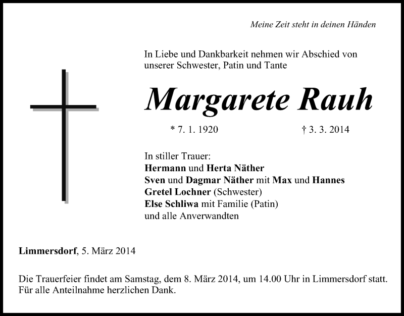  Traueranzeige für Margarete Rauh vom 05.03.2014 aus MGO