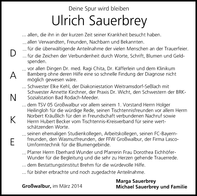  Traueranzeige für Ulrich Sauerbrey vom 08.03.2014 aus MGO