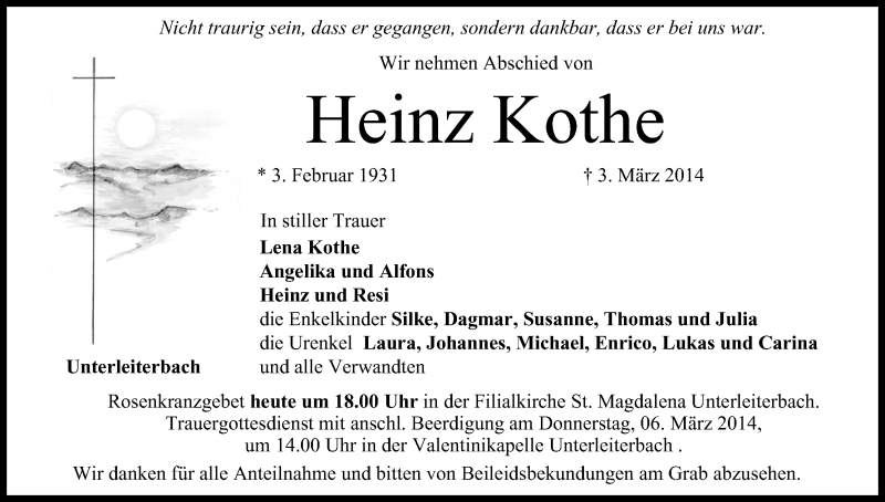  Traueranzeige für Heinz Kothe vom 05.03.2014 aus MGO