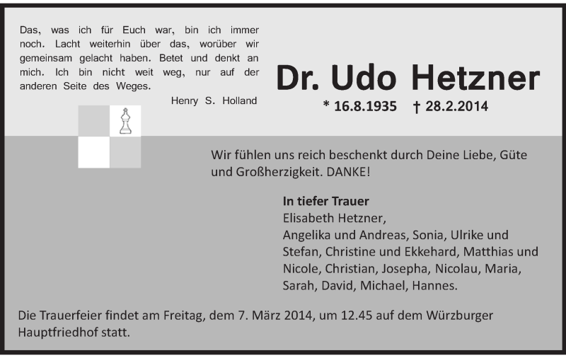  Traueranzeige für Udo Hetzner vom 05.03.2014 aus MGO