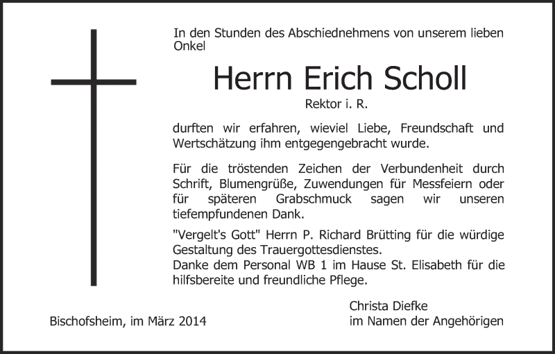  Traueranzeige für Erich Scholl vom 08.03.2014 aus MGO