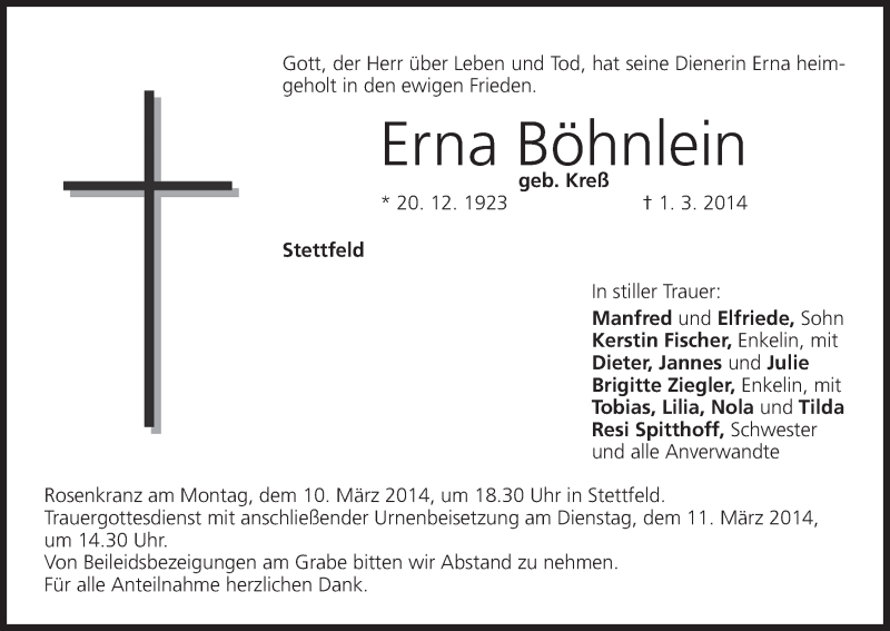  Traueranzeige für Erna Böhnlein vom 07.03.2014 aus MGO