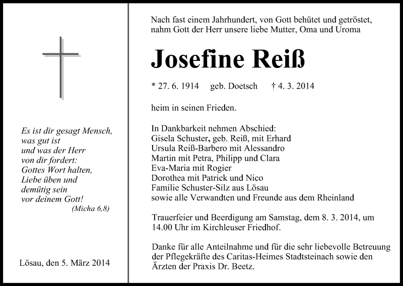  Traueranzeige für Josefine Reiß vom 06.03.2014 aus MGO
