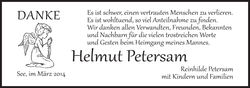  Traueranzeige für Helmut Petersam vom 08.03.2014 aus MGO