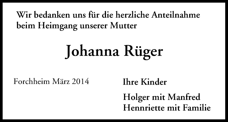  Traueranzeige für Johanna Rüger vom 06.03.2014 aus MGO