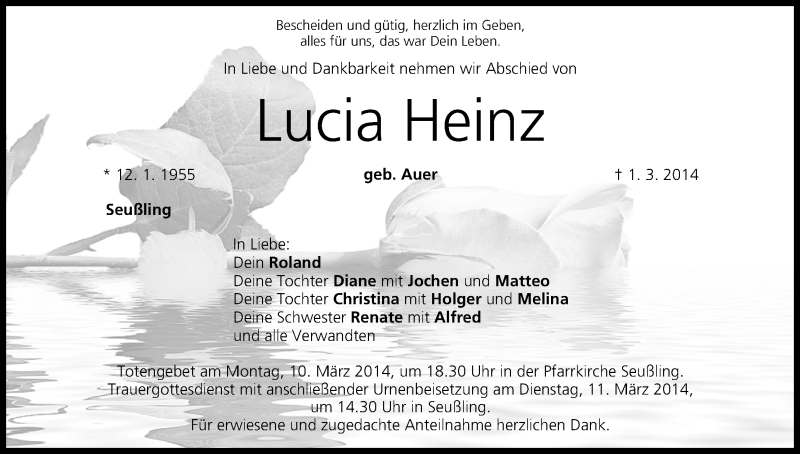  Traueranzeige für Lucia Heinz vom 08.03.2014 aus MGO