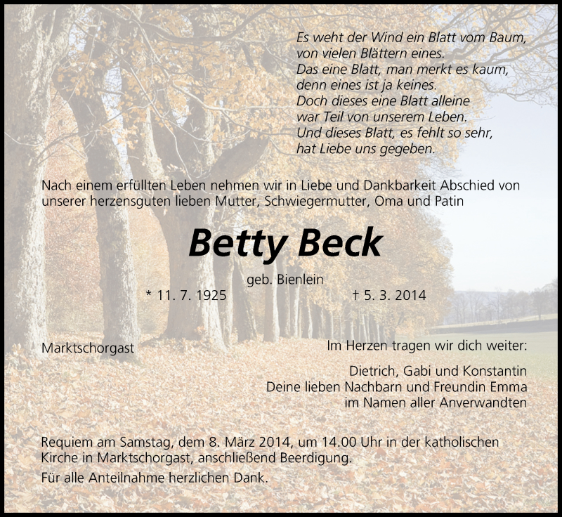 Traueranzeige für Betty Beck vom 07.03.2014 aus MGO