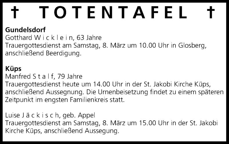  Traueranzeige für Totentafel vom 07.03.2014 vom 07.03.2014 aus MGO