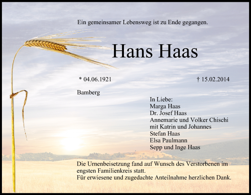  Traueranzeige für Hans Haas vom 15.03.2014 aus MGO