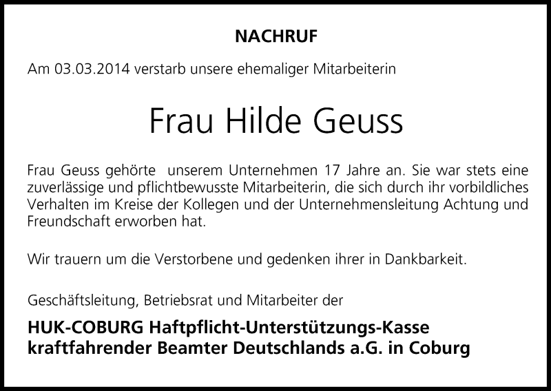  Traueranzeige für Hilde Geuss vom 08.03.2014 aus MGO