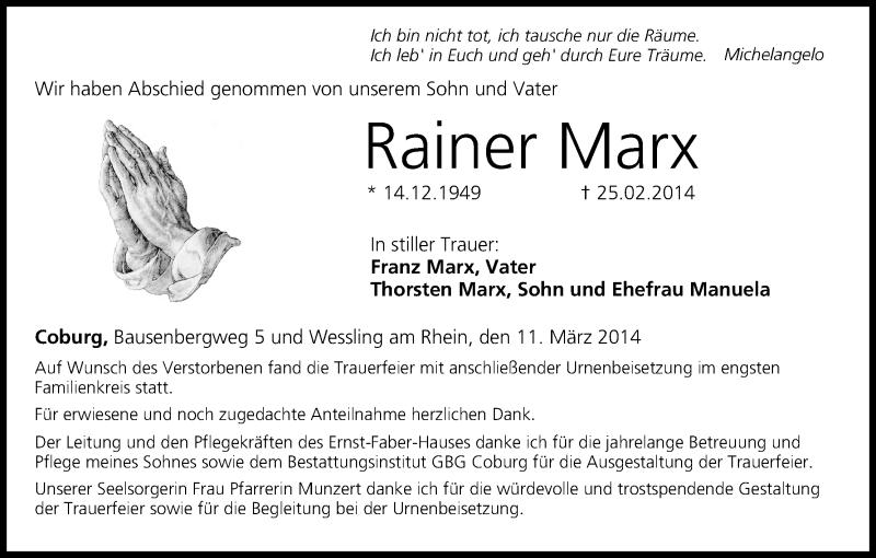  Traueranzeige für Rainer Marx vom 11.03.2014 aus MGO