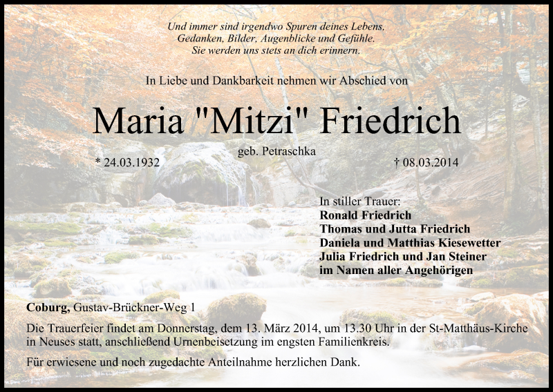  Traueranzeige für Maria  Friedrich vom 11.03.2014 aus MGO
