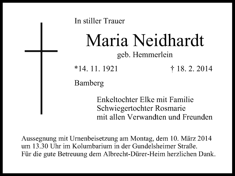  Traueranzeige für Maria Neidhardt vom 07.03.2014 aus MGO