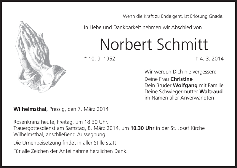  Traueranzeige für Norbert Schmitt vom 07.03.2014 aus MGO