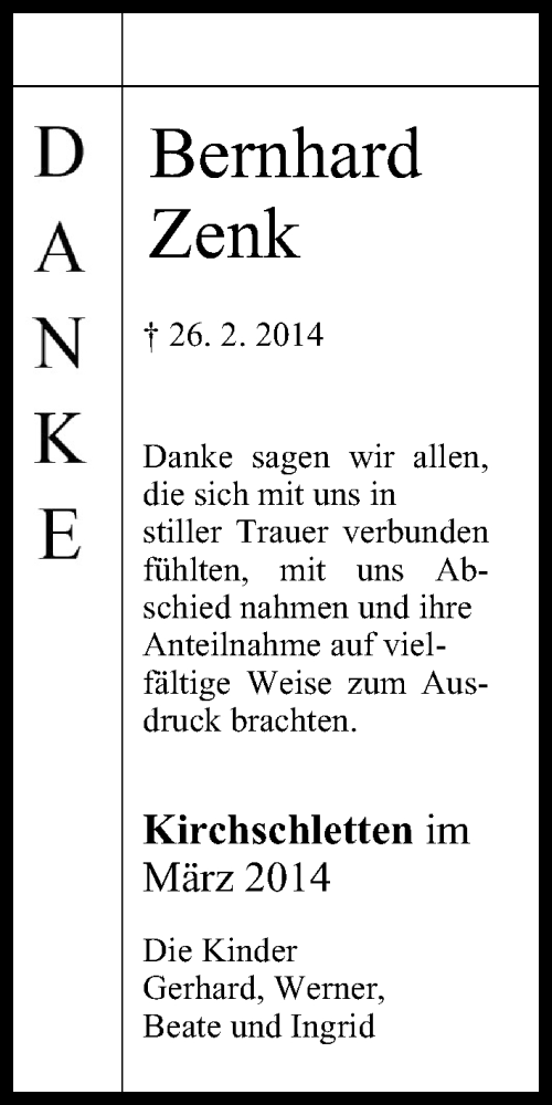  Traueranzeige für Bernhard Zenk vom 08.03.2014 aus MGO