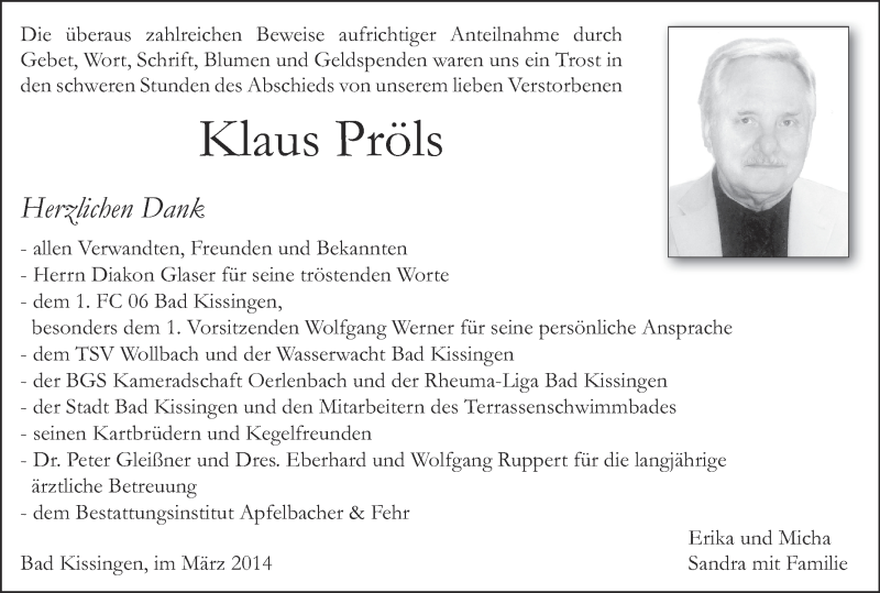  Traueranzeige für Klaus Pröls vom 08.03.2014 aus MGO