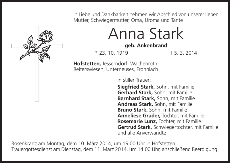  Traueranzeige für Anna Stark vom 08.03.2014 aus MGO