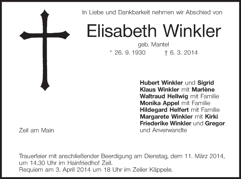  Traueranzeige für Elisabeth Winkler vom 08.03.2014 aus MGO