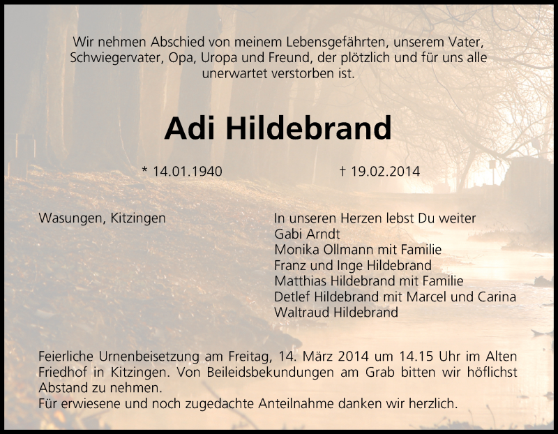  Traueranzeige für Adi Hildebrand vom 11.03.2014 aus MGO