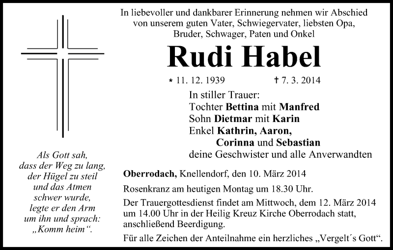  Traueranzeige für Rudi Habel vom 10.03.2014 aus MGO