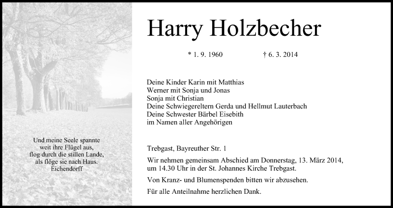  Traueranzeige für Harry Holzbecher vom 10.03.2014 aus MGO