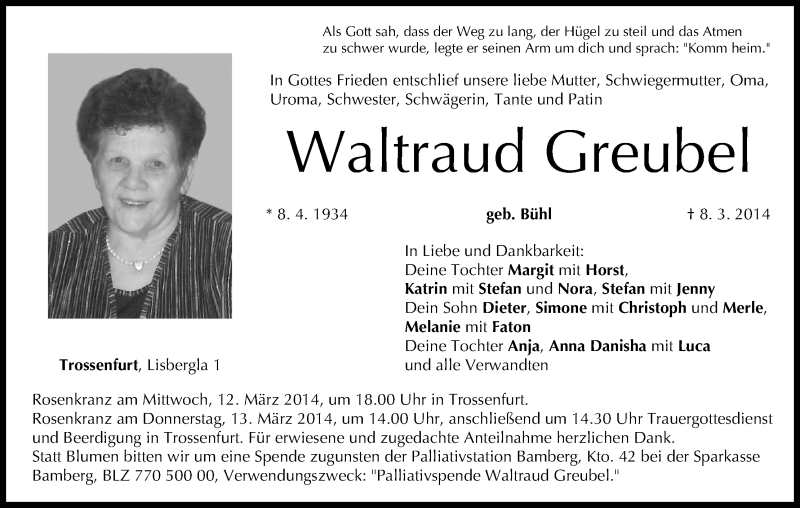  Traueranzeige für Waltraud Greubel vom 11.03.2014 aus MGO