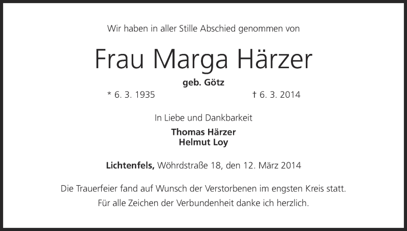  Traueranzeige für Marga Härzer vom 12.03.2014 aus MGO