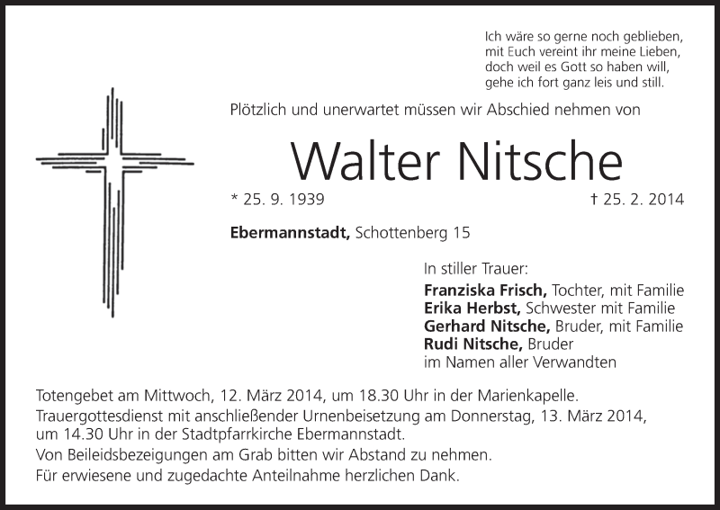  Traueranzeige für Walter Nitsche vom 11.03.2014 aus MGO