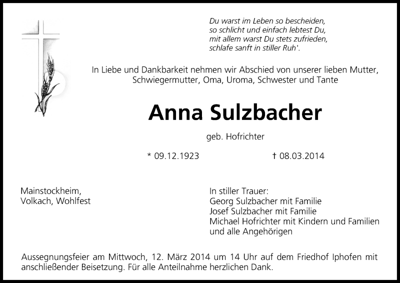  Traueranzeige für Anna Sulzbacher vom 11.03.2014 aus MGO