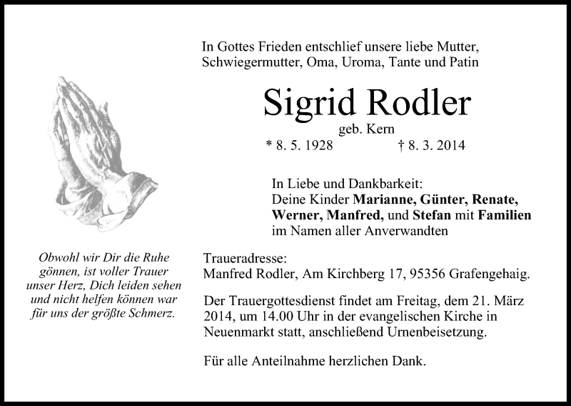  Traueranzeige für Sigrid Rodler vom 19.03.2014 aus MGO