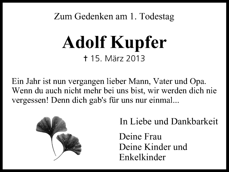 Traueranzeige für Adolf Kupfer vom 15.03.2014 aus MGO