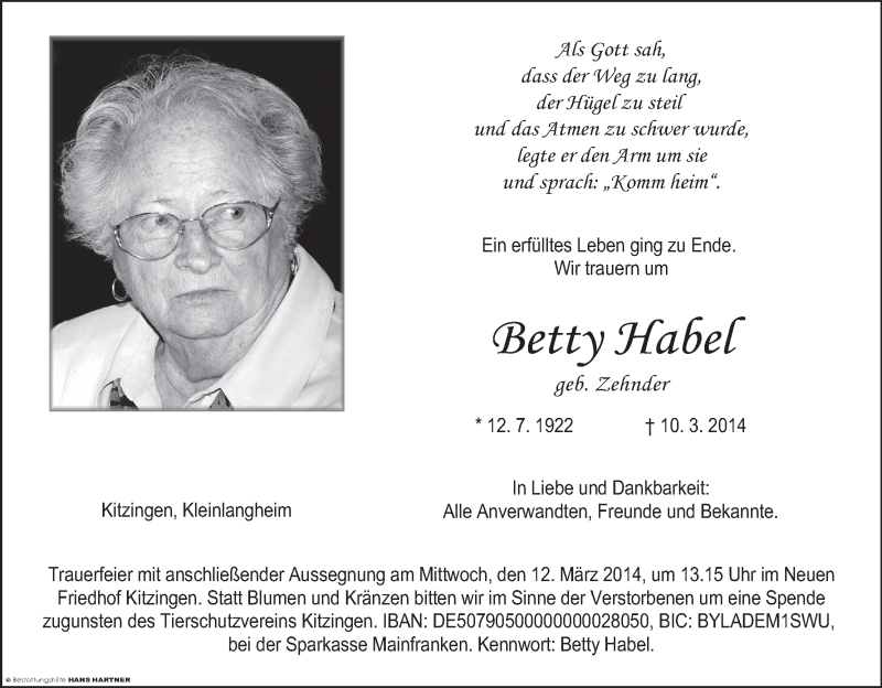  Traueranzeige für Betty Habel vom 11.03.2014 aus MGO
