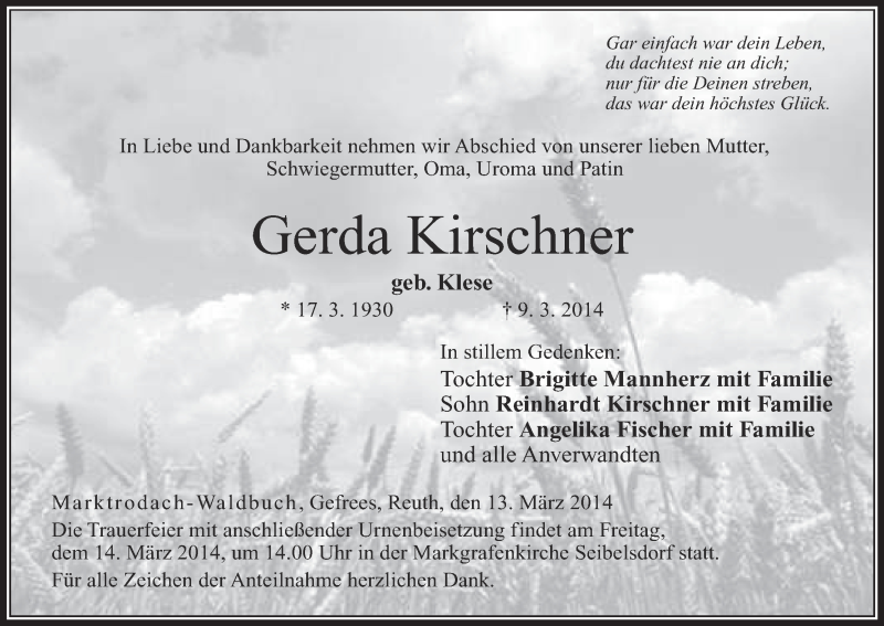  Traueranzeige für Gerda Kirschner vom 13.03.2014 aus MGO