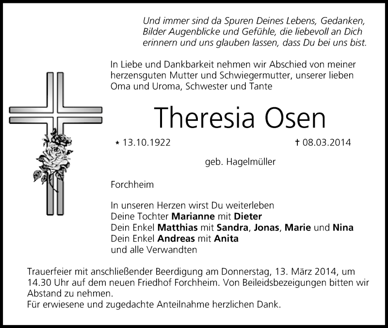  Traueranzeige für Theresia Osen vom 11.03.2014 aus MGO