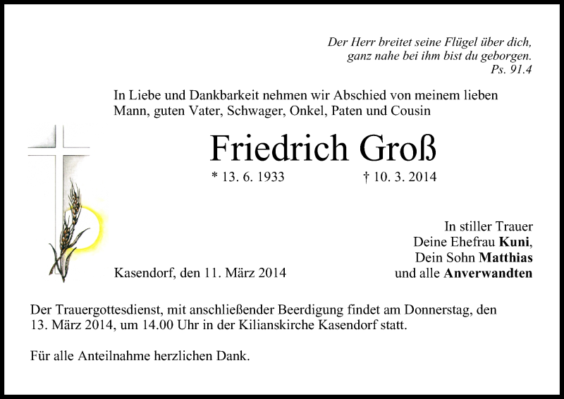  Traueranzeige für Friedrich Groß vom 11.03.2014 aus MGO