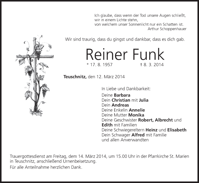  Traueranzeige für Reiner Funk vom 12.03.2014 aus MGO