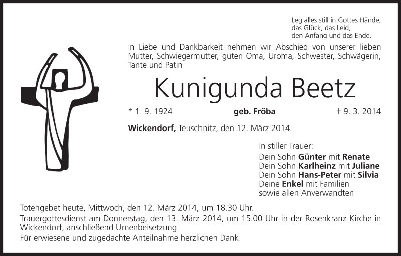  Traueranzeige für Kunigunda Beetz vom 12.03.2014 aus MGO
