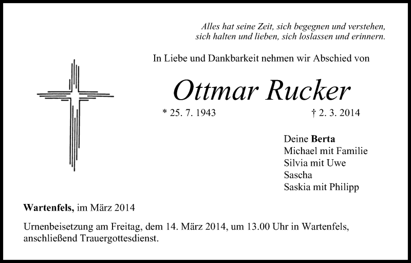  Traueranzeige für Ottmar Rucker vom 12.03.2014 aus MGO