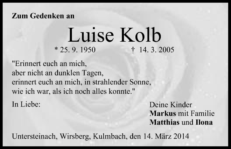  Traueranzeige für Luise Kolb vom 14.03.2014 aus MGO