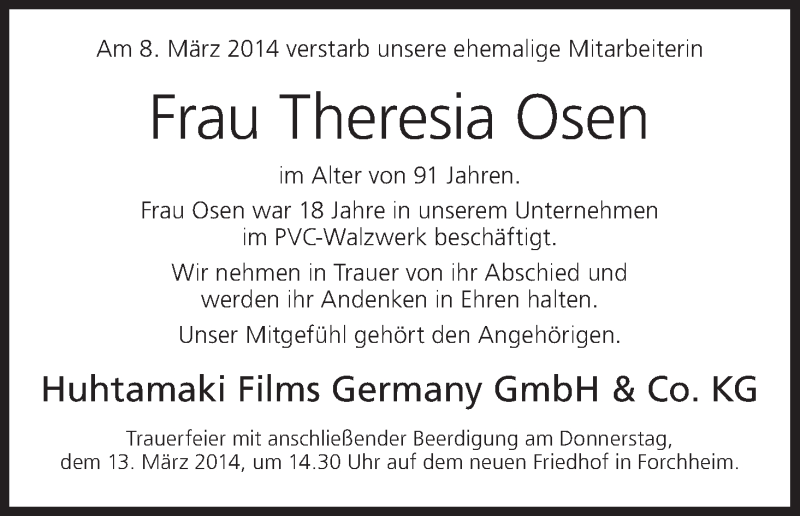  Traueranzeige für Theresia Osen vom 12.03.2014 aus MGO