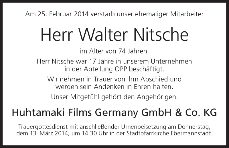  Traueranzeige für Walter Nitsche vom 12.03.2014 aus MGO